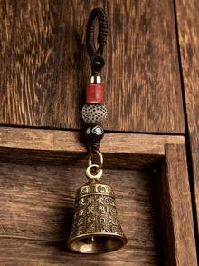1pc Handmade Vintage Bell Keychain, Pure Brass Bell Car Key Chain Pendant With Woven Rope And Bead Decor, Exquisite Carving Design, Red & Black Beads, Golden Cap, Buddhist Mantra Bell, Good Luck, Travel, Camping And Holiday Gift, Travel Accessory - Multicolor - View 3