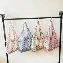 Casual Drawstring Bowknot Shoulder Bag, Polka Dot Pattern Handbag, Crescent Shoulder Bag, Pleated Casual Bag, Large Capacity Tote Bag, Outdoor Casual Bag, Commuter Bag - Pink - View 2