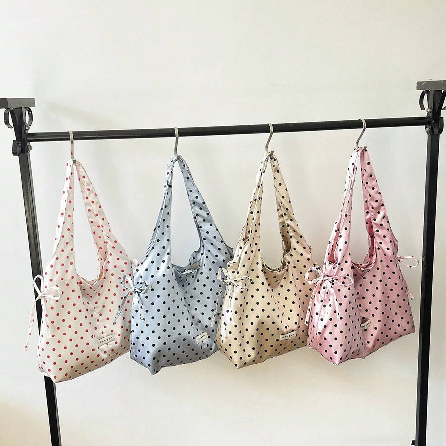 Casual Drawstring Bowknot Shoulder Bag, Polka Dot Pattern Handbag, Crescent Shoulder Bag, Pleated Casual Bag, Large Capacity Tote Bag, Outdoor Casual Bag, Commuter Bag