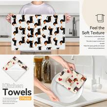 2pcs Dachshund Print Kitchen Towels, 100% Polyester Kitchen Cleaning Cloths, Suitable For Restaurant, Kitchen And Home Decor; Quick-Drying, Lightweight, Fade-Resistant, Low-Shedding, Anti-Mildew, High Color Fastness, Size 40*60cm - White - View 8