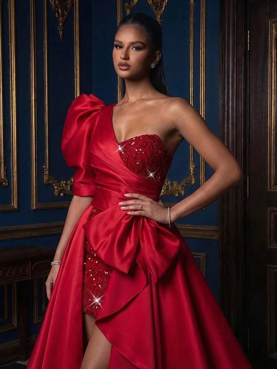 Women's Luxury Red Formal Dress, Asymmetric Neckline, Ruffle Short Sleeves, Flared Hem, Draped And Zipper Details Wedding Party Spring - Red - View 1