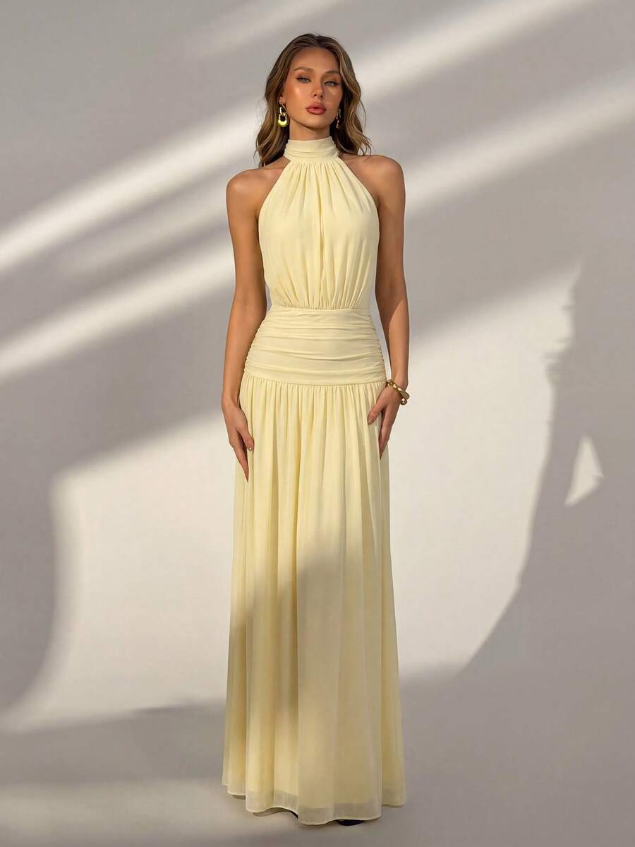 Faeriesty 优雅迷人的黄色褶皱腰身露背连衣裙，适合浪漫约会、婚礼、海滩度假、郊游、夏季派对、毕业季等场合。 - 黃色 - 查看 1