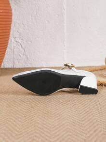 尖头粗跟浅口优雅网纱刺绣镂空透气穆勒鞋，舒适休闲百搭日常通勤女鞋，搭扣设计，适合派对、办公等场合的时尚鞋履 - 白色 - 查看 6