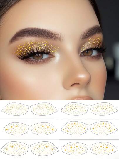 6 hojas de tatuajes de sombra de ojos dorados a prueba de agua con brillo, con diseños de puntos, corazones, estrellas y delineador de ojos brillante para regalos de Pascua, decoración, música, bodas, festivales, fiestas, cosplay y accesorios rave