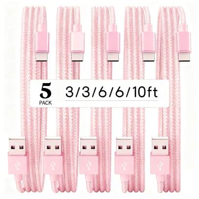 USB To USB C Cable (5 Packs, 3/3/6/6/10FT), USB A To Type C Cable, Fast Charging Nylon Braided Sync Transfer Cord USB C Charger Compatible With Galaxy S25 S24 S23 S22 S21 S20 Ultra S20+ Note 20 10 S10 S9 Plus A12 A11 A52 Pixel 6 5 4 4a 3a XL