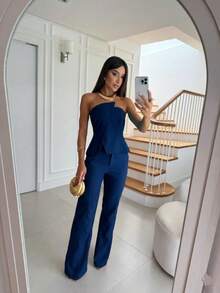 Tailored Suit With Asymmetrical Pants And Blouse, Simple And Elegant, For Parties, Backless, Evening, Or Photoshoots. - 藏蓝色 - 查看 2