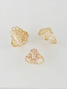 3pcs Vintage Cubic Zirconia Virgin Mary Ring Set, Suitable For Women's Daily, Party, Religious Events, Catholic Religious Gift - Yellow Gold - View 2