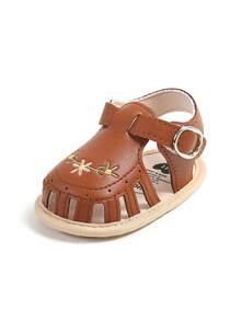 Infant Girls' Summer Sandals, Outdoor Toddler Shoes, Elegant White Embroidery - Brown - View 4