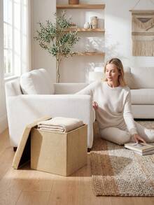 Multi-Functional Solid Color Linen Folding Storage Ottoman, High-Quality Thick Storage Bench, Household Shoe Changing Stool, Multi-Functional Square Soft Stool - Beige - View 3