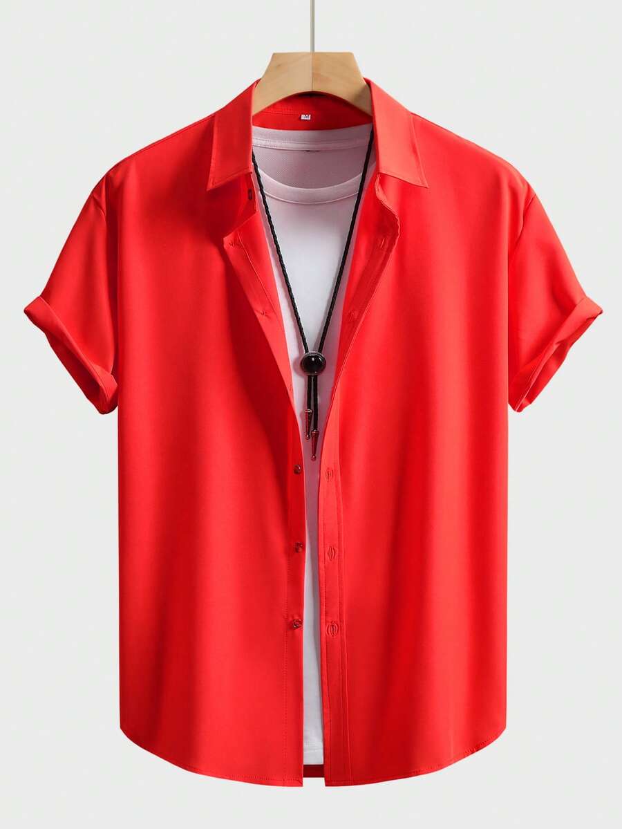 Men's Solid Color Business Casual Short Sleeve Shirt - Red - View 1