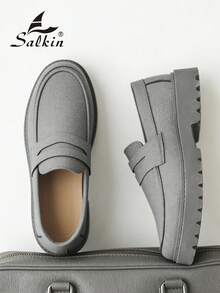 Salkin 奢华男士平底便士乐福鞋，纯色仿麂皮休闲鞋，柔软舒适，防滑鞋底，时尚优雅的绅士鞋，适合商务、正式场合、婚礼、春夏秋季穿着。尺码偏大，建议选购小一码。 - 灰色 - 查看 4