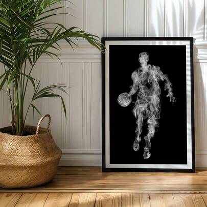 1 pieza Cuadro de arte de pared de jugador de baloncesto con humo abstracto en blanco y negro, impresiones deportivas en lienzo, pintura minimalista moderna para dormitorio, sala de estar, gimnasio, oficina, regalo para aficionados al baloncesto, sin marco o con marco