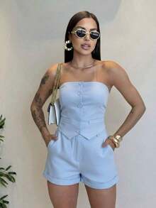 Elegant Tailored Suit, Strapless, Sophisticated And Modern. - Baby Blue - View 3