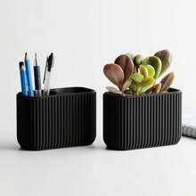 ORIZZONTE 2er-Set Schreibtisch-Organizer mit Stifthalter und Blumentopf – Modernes, minimalistisches Design mit vertikaler Streifenstruktur – Vielseitiger Behälter für Büro, Zuhause und Dekoration – 100 % Made in Italy, Versand aus Italien - Schwarz - Übersicht 3
