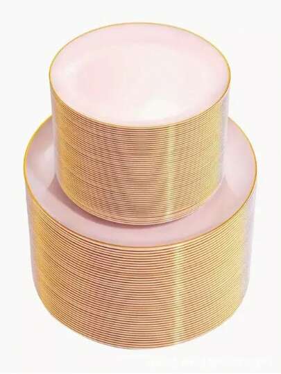24/12pcs Pink Single Gold Rim Dinnerware Set, Food Trays, Fruit Salad Plates, Dinner Plates, Dishes, Washable Salad Tableware, Reusable, Easy To Clean. Suitable For Wedding Decor, Christmas Decor, Birthday Party, Family Gathering, Outdoor Team Building, School, Restaurant And Kitchen Party Tableware, Household School Seasonal Gift