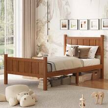 MERAX Twin Size Flat Panel Bed With Headboard & Footboard, Minimalist Modern Platform Bed With Wood Grain Finish, Shaker And Farmhouse Style Design, Sleek And Functional Bedroom Furniture,Light Walnut - Walnut(Twin Size) - 查看 5