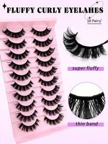 10 Pairs D Curl Russian Strip False Eyelashes Cat Eye Lashes Natural Look Fluffy Faux Mink Lashes Volume Wispy Long Foxy Eye Lifting Look Fake Eyelashes Strip Lashes, Lashes, Eyelashes, Fake Lashes - Black, One Size Fits All - View 9