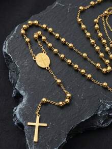1 chiếc dây chuyền mặt thánh giá bằng thép không gỉ với hạt nhỏ 3mm, thích hợp cho nam và nữ đeo hàng ngày, trang sức mùa hè. - Vàng - Xem 4