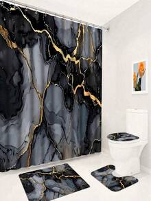 Open -1pc/4pcs Marble Pattern Shower Curtain Set, Shower Curtain Or Toilet Mat Bathroom Mat 4pcs Set, Bathroom Supplies Waterproof Shower Curtain Set With 12 Shower Curtain Hooks, Gift For Family And Friends - A - View 17