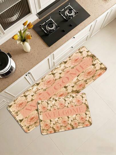 1pc Pink Rose Pattern Kitchen Mat, Faux Wool Washable Square Kitchen Decor Mat, Soft Easy Clean Entrance Rug, Pink Welcome Letter Design Doormat, Suitable For Kitchen, Dining Room, Homestay, Hotel, Living Room, Hallway, Mother's Day Gift, Spring/Summer New Arrival