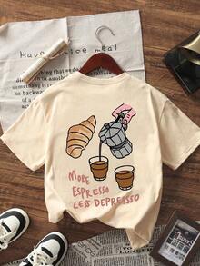 Camiseta de manga corta de cuello redondo casual con estampado de cruasán y café, de moda simple y versátil, adecuada para mujeres - Blanco - Ver 2