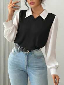 Blusa Falsa Dos Piezas con Cuello y Mangas Volantes - Estilo Preppy Versátil para Todas las Estaciones,Versión completa, estilo profesional para usar en el trabajo,DE INVIERNO! Top Corto de Manga Larga con Cuello en V, Precio Bajo ¡No Te Lo Pierdas!¡Últimas Piezas!Oferta Especial de Fin de Temporada - Negro - Ver 2