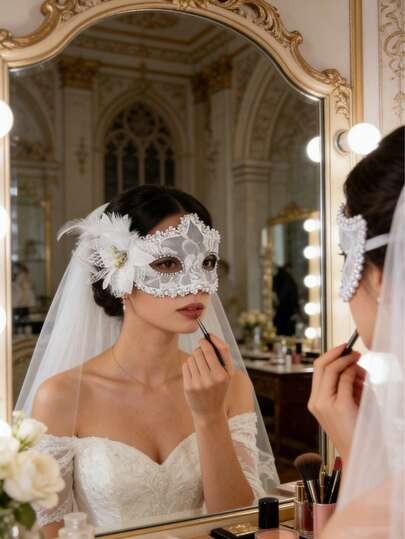 1pc Lace Flower Face Mask, Bridal Accessory, Sexy White Lace & Flower Half Face Mask For Masquerade Ball, Party Costume Decor