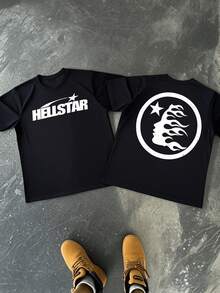 Flaming Star Face Print Double Sided T Shirt Streetwear Vintage Graphic Tee Cosmic Energy Digital Printed Short Sleeve T Shirt Men's Gifts Summer Comfortable Gift - 黑色 - 查看 8
