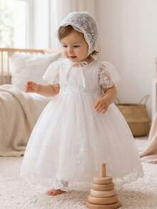 Baby Girl 0-2 Years White Dress, Round Neck Short Sleeve Embroidered Lace Trim Cute Flower Girl Princess Dress For Wedding, Birthday Party, Suitable For Banquet, Wedding Season, Outing, Evening Party, All Seasons - trắng - Xem 2