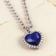 复古奢华水钻海洋心形吊坠项链，浪漫几何条纹设计，适合女性 - 銀色 - 查看 5