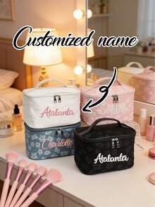 Customized Embroidery Name Floral Pattern Makeup Bag With Handle, Large Capacity Travel Organizer Storage Bag, Durable Cosmetics Toiletries Carrier - Multicolor - View 4
