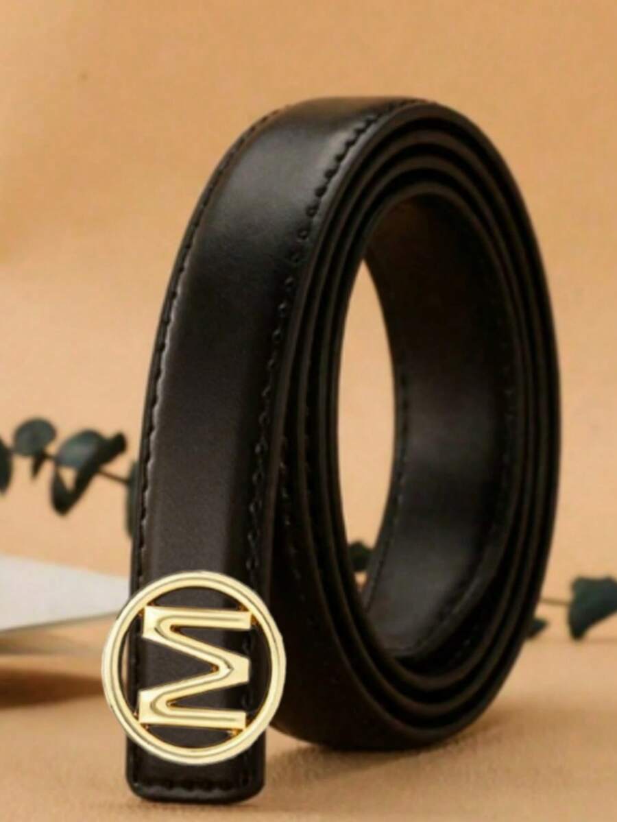 Thắt lưng nữ màu đen trơn với khóa tròn màu vàng hình chữ M - Phù hợp cho cả phong cách thường ngày và trang trọng. - Nhiều màu - Xem 1