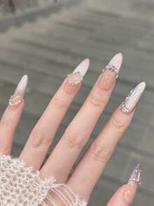 10pcs/Set Press On Nails, Amethyst Mirror, Spring/Summer New Arrival, Piled With Rhinestones, Gentle, Pure Seduction, Super Sparkling, Cat's Eye, Handcrafted Wearable Nail Art - Multicolor - View 4