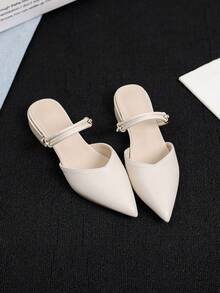 Women's Low Vamp Flat Mule Shoes, New Breathable Versatile Elegant Diamond Decor Backless Comfortable Low Heel French Pointed Toe Slip-On Mule Sandals - Chantilly - View 4