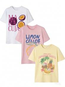 3件套女士夏季度假圆领短袖T恤，水果印花 - 粉色 - 查看 7