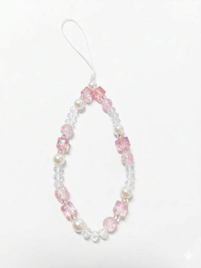 Cadena anti-pérdida de 11 cm con cuentas rosas cuadradas hechas a mano, con colgante de teléfono con perlas falsas y diamantes facetados