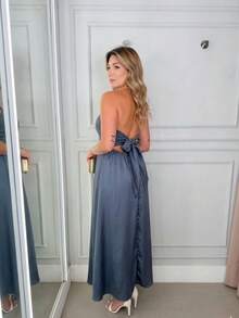 Women's Long Strapless Dress With Back Tie In Elegant Premium Tailoring - Grey - View 3