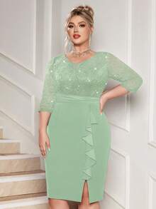 Đầm cocktail dáng đuôi cá cổ chữ V sâu, đính sequin và ren hoa, phối ren, viền bèo nhún, cỡ lớn, phù hợp cho khách dự đám cưới, sinh nhật, lễ tốt nghiệp, dạ hội, lễ hội trường và các dịp khác, thanh lịch mùa hè. - Màu xanh Bạc hà - Xem 4