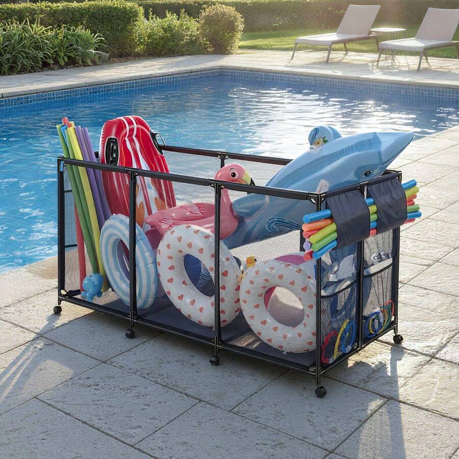 Pool Storage Bin, 69 X 32 X 35 In, Rolling Pool Float Storage Organizer With Side Pockets & Noodles Holder, Durable Metal Frame, Poolside Toys Breathable Mesh Basket For Swimming Pools - Metal stand 69*32*35 inch - 查看 1