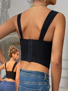 Top Cropped Bralette Feminino com Alças Largas e Recortes em Renda Preta - Preto - Visão 6