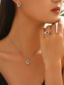 Bộ 3 món trang sức cưới mùa hè gồm dây chuyền mặt đá Zirconia, nhẫn hình học và bông tai, thích hợp làm quà tặng sinh nhật, đám cưới, tiệc tùng. - Trắng K - Xem 2