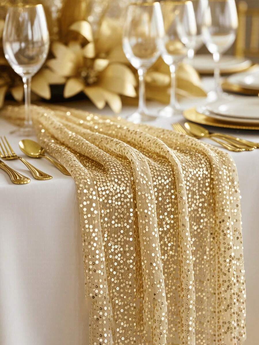 Gold Sequin Table Runner And Tablecloth Set - Shiny Gold Wedding, Party, Event Decor - Fringed Square Tablecloth (Fabric), Suitable For Dining Table Center Decoration, Special Occasions - Multicolor - View 1