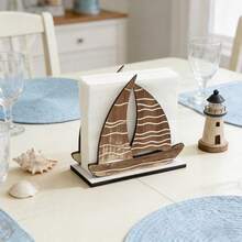 1/3pcs Rustic Wooden Napkin Holder, Ocean Theme Fish & Sailboat Design, Freestanding Paper Towel Rack, Suitable For Kitchen Counter, Dining Table And Coffee Table, Central Decor Piece For Mediterranean Coastal Home - Multicolor - View 4