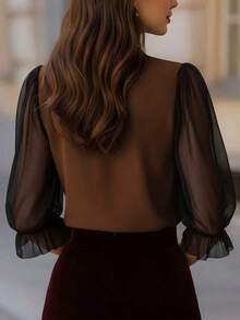 女士优雅圆领七分袖薄纱花瓣袖纽扣衬衫，适合工作和日常穿着，春夏款 - 咖啡棕 - 查看 2