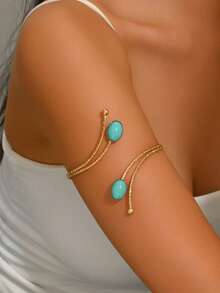 1pc Fashionable Personalized Double-Head Micro-Inlaid Blue Faux Turquoise Decor Open Adjustable Metal Cuff Bracelet Suitable For Music Festivals, Dances, Parties - Gold - View 2