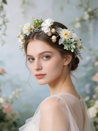 1 vòng hoa trang trí bằng hoa giả, kiểu dáng Boho, thích hợp cho bé gái, dùng trang trí ngoài trời khi đi du lịch và nghỉ lễ.