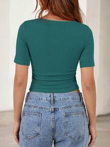 Fall New Arrival Women's Long-Sleeve Top Crop-Top Style Casual Outerwear Boat Neck With Bell Sleeves Ribbed Pleated Design Millennial-Inspired Fashion - 湖藍色 - 查看 2