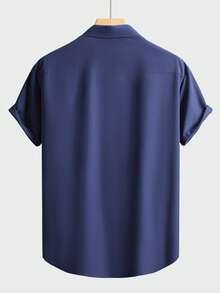 Kemeja Lengan Pendek Kasual Bisnis Warna Polos untuk Pria - Navy Blue - View 2