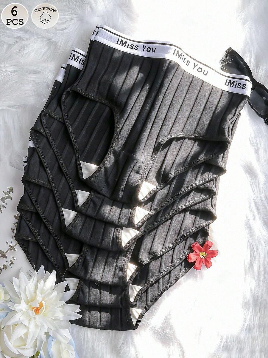 6-Pack Plus Size Ribbed Cotton Women's Underwear,Soft And Comfortable, Suitable For All Day Wear, Spring And Summer Plus Size,Cotton Underwear - màu đen - Xem 1