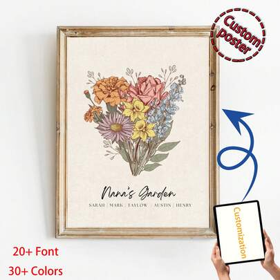 1pc "The Birth Bouquet" Series Custom Poster, Personalized Gift Specially Designed For Mother's Day. The Birth Bouquet Gift For Mother's Day, A Custom-Made Birth Bouquet Decorative Artwork For Mom.What You Want To Say To Your Mother? Mother's Day, Birthday Gift Customized Wall Art,Pictures Custom Photo, Customizable Things, Room Decor, Bathroom Decor, Kitchen Decor, Living Room Decor, Bedroom Decor, Office Decor.